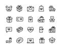 Gift line icons. Discount offer, bonus reward and special customer program, seasonal gift and lottery win. Vector gift