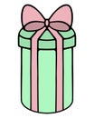 Gift in a long cylindrical box. Surprise in a rounded green package, decorated with a pink bow. Color vector illustration. Royalty Free Stock Photo