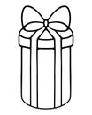 Gift in a long cylindrical box. Surprise in a rounded package, decorated with a bow. Doodle style