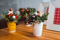 Gift mini bouquets of fir branches in cones toy cups on wooden table background. Royalty Free Stock Photo