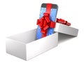 Gift mobile phone with ribbon in box 3d illustration.