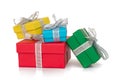 Gift multicolored boxes wrapped in recycled paper with ribbon isolated on white