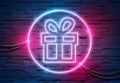 Gift neon icon illuminating a brick wall with blue and pink glowing light 3D rendering