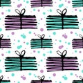 Gift pattern, seamless texture with hand drawn illustrations of present boxes. Royalty Free Stock Photo