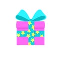 Gift in a pink box with a blue ribbon with a star. Surprise with a beautiful bow. Flat style. For a logo, banner, or Royalty Free Stock Photo