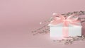 Gift with pink ribbon and willow twigs Royalty Free Stock Photo
