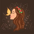 Gift postcard with cartoon beautiful girl in profile with wreath on head and butterfly on nose. Decorative floral background with