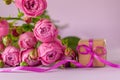 Gift present box with beautiful pink flowers roses bouquet. Concept Mother`s Day, Happy Birthday Royalty Free Stock Photo