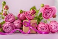 Gift present box with beautiful pink flowers roses bouquet. Concept Mother`s Day, Happy Birthday Royalty Free Stock Photo