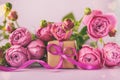 Gift present box with beautiful pink flowers roses bouquet. Concept Mother`s Day and Valentine`s Day Royalty Free Stock Photo