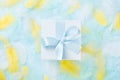 Gift or present box on colorful feathers background. Fashion pastel style. Royalty Free Stock Photo