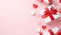 Gift or present box decorated with mixed red hearts for Valentine or Mother day on pastel pink background top view