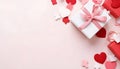 Gift or present box decorated with mixed red hearts for Valentine or Mother day on pastel pink background top view