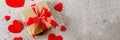 Gift Present box with red ribbon, red hearts. Valentine`s Day concept. Banner for design, website