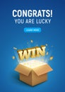 Gift prize box lottery WIN text. Magic box present for winner, enter contest reward. Congratulations