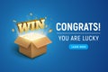 Gift prize box lottery WIN text. Magic box present for winner, enter contest reward. Congratulations