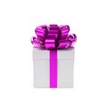 Gift with purple bow made of glossy ribbon. Square box, side view Royalty Free Stock Photo