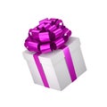 Gift with purple bow made of glossy ribbon. Square flying box, perspective view. Royalty Free Stock Photo