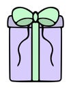 A gift in a purple rectangular elongated box. The surprise is decorated with a green bow with ties