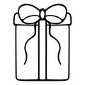 Gift in a rectangular elongated box. The surprise is decorated with a bow with ties. Doodle style