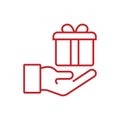 Gift in a red box in hand. gift box in hand vector simple linear icon, illustration in cartoon simple flat style Royalty Free Stock Photo