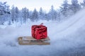 Gift in a red box on a wooden sled in winter on the snow, Christmas shopping delivery Royalty Free Stock Photo