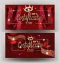 Gift red certificate with beautiful curly ribbon amd golden design elements. Royalty Free Stock Photo