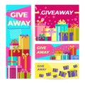 Gift, reward giveaway banner set, vector illustration. Win modern quiz flyer concept, give away celebration and Royalty Free Stock Photo