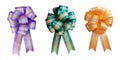 Gift ribbon bow flower shape set green orange purple color isolated on white background, clipping path