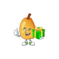 With gift ripe fragrant pear fruit cartoon character Royalty Free Stock Photo