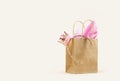 Gift or Sale concept. Shopping paper bag, Crown headband with pink tissue Royalty Free Stock Photo