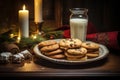 A gift for Santa Claus. A glass of milk cookies with chocolate on a red napkin on the table. Waiting for a miracle in