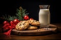 A gift for Santa Claus. A glass of milk cookies with chocolate on a red napkin on the table. Waiting for a miracle in