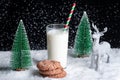 A glass of milk with a straw and cookies with chocolate chips on a snowy background among toy Christmas trees Royalty Free Stock Photo