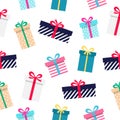 Gift seamless pattern white background. Present boxes icon set. Royalty Free Stock Photo