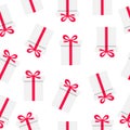 Gift seamless pattern white background. Present boxes icon set. Royalty Free Stock Photo