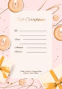 Gift sertificate card - modern gift sertificate card template. Voucher or gift card with gifts, candles pattern. Design