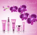 Gift set of cosmetics with a branch of pink orchids