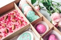 Gift set with hand made sweets in a box on a white table. Royalty Free Stock Photo