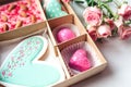 Gift set with hand made sweets in a box on a white table. Royalty Free Stock Photo