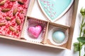 Gift set with hand made sweets in a box on a white table. Royalty Free Stock Photo