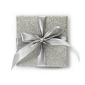 Gift silver glittering box with ribbon bow, isolated on white background, top view, useful for merry christmas, black friday,