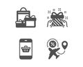 Gift, Smartphone buying and Shopping icons. Flight sale sign. Present, Website shopping, Holiday packages. Vector