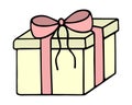 Gift in a square yellow box. The surprise is tied with pink ribbons and decorated with a bow Royalty Free Stock Photo