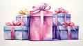 Gift. Stack of different presents for holiday. Gift colorful boxes watercolor painting on white