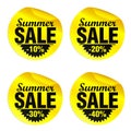 Summer sale yellow stickers set 10%, 20%, 30%, 40% off Royalty Free Stock Photo