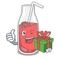 With gift strawberry smoothie mascot cartoon