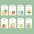 Gift tags are cute snails. Set of 8 decorative cartoon invitations. Collection of holiday cards.