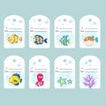 Gift tags are marine inhabitants. Set of 8 decorative cartoon invitations. Collection of holiday cards.