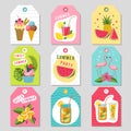 Gift tags with summer tropical decoration. Illustrations of watermelon, lemonade, strawberry and other fruits